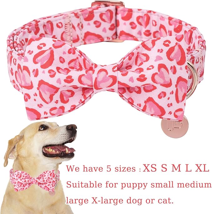 Valentine’s Day Dog Collar with Bow Tie, Pink Heart Bowtie Collar with Metal Buckle, Valentine’s Day Gift Pet Collar for Puppy Girl Boy Dog or Cat, Wedding Dog Collar, M, Neck 13.5-22in