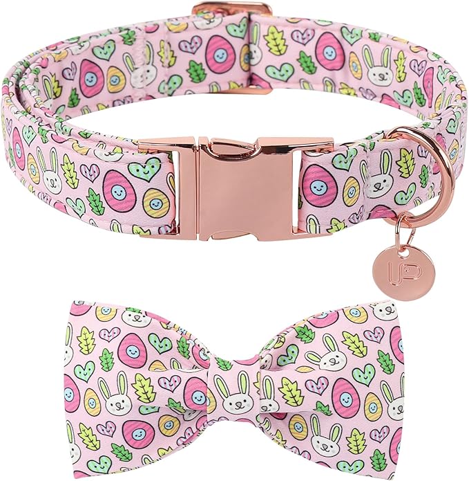 Easter Bunny Dog Collar with Bowtie,Cotton Easter Eggs Bowtie Collar for Puppy Girl Boy Dogs,Cute Bunny Pet Collars with Metal Buckle,Gift Dog Collars, XS, Neck 8-12in