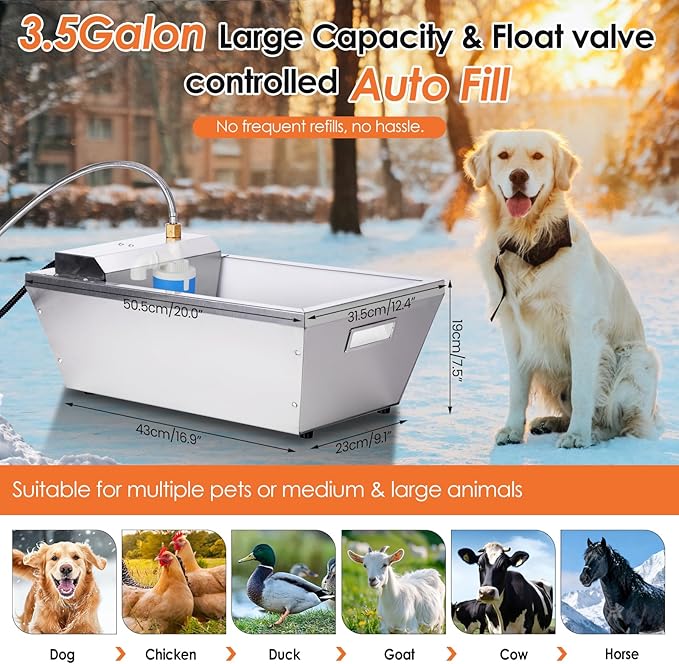 13L Heated Water Bowl for Large Dog and Cat, 3.5 Gallon Heated Chicken Waterer for Winter, Livestock Water Trough with Anti-Chew Cord & 6 Temperature Settings & 24H Timer