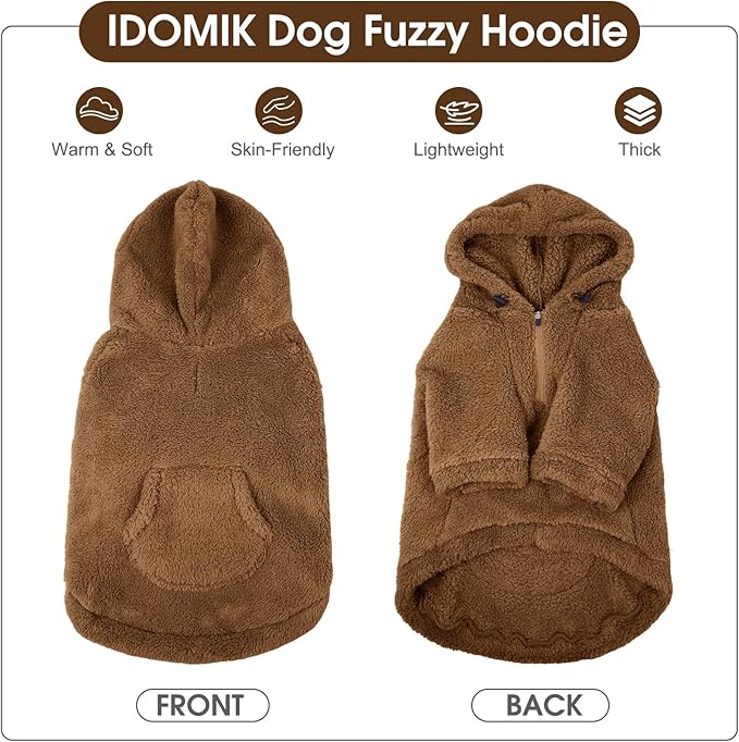 IDOMIK Fuzzy Dog Sweater with Adjustable Hood, Warm Fleece Dog Sweater Hoodie with Harness Hole & Pocket, Pullover Sweaters for Small Dogs, Fuzzy Hooded Sweatshirt for Fall Winter Christmas,Brown,S