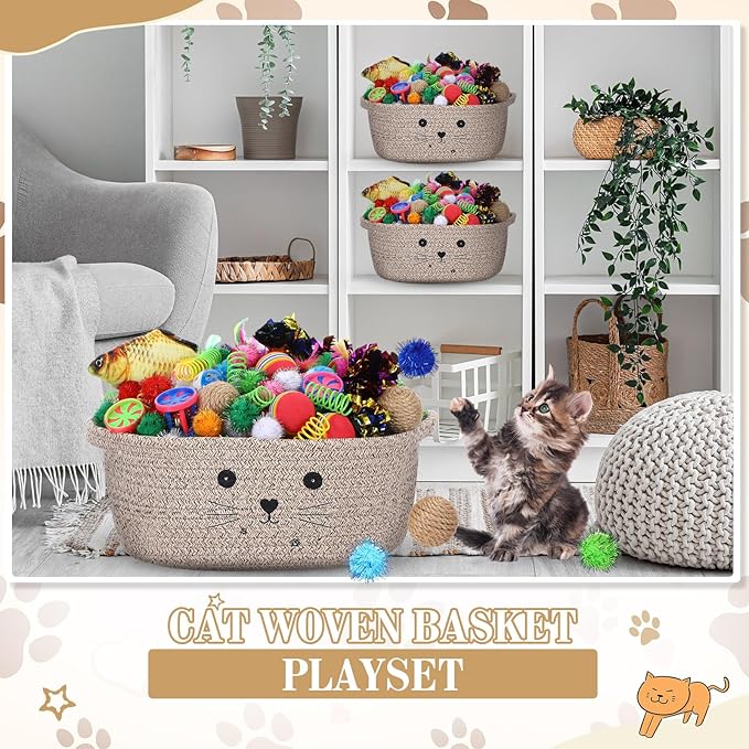 Zopeal 58 Pcs Cat Storage Basket Gift Toys Set, Colorful Flashing Balls Pet Bell Crinkle Balls Spring Toys Attract Cat to Swat, Hunt, Interactive for Pet(Dark Brown,12 Inch)