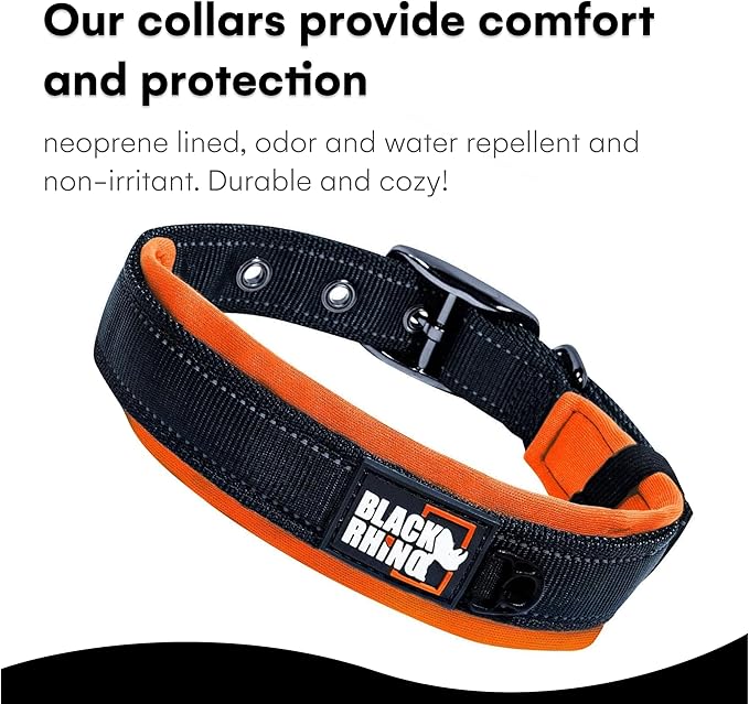 Black Rhino Dog Collars for Medium Dogs - Adjustable Reflective Heavy Duty Dog Collar with Ultra-Soft Neoprene Padding - Weatherproof, Durable, and Comfortable for Active Dogs - Orange and Black