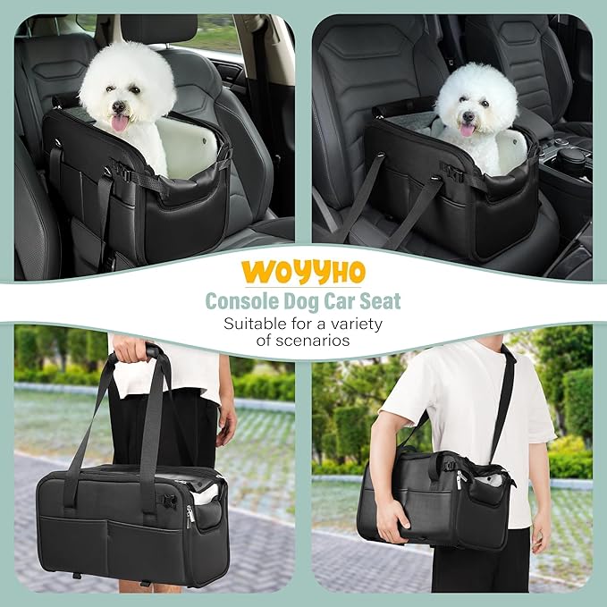 WOYYHO 18lbs Dog Car Seat for Small Dogs with Removable Velvet Liner, Luxury Small Dog Center Console Car Seat Pet Booster CarSeat, Easy Install Stable No Shaking, Waterproof Anti-Slip PU Leather