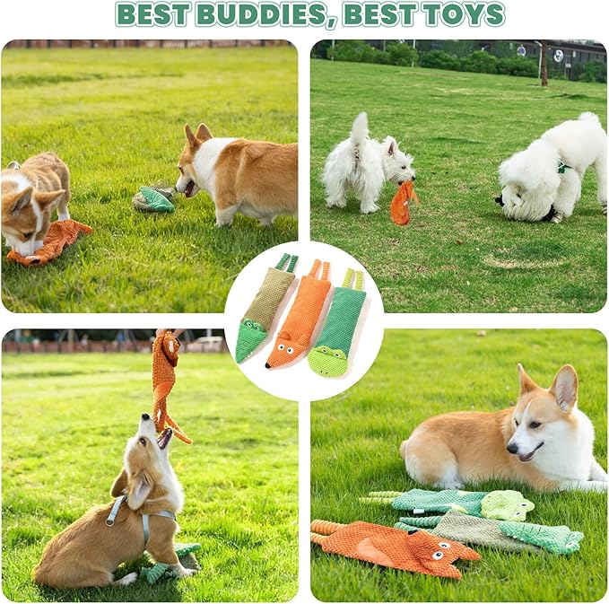 Interactive Squeaky Dog Toys for Small, Medium & Large Dogs, 3-Pack No-Stuffing Plush Chew Toys with Crinkle for Teething Puppies & Gentle Chewers – Keeps Bored Dogs Busy and Safe