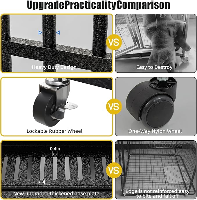 Escape-Proof Heavy Duty 38" Dog Crate, Indestructible Steel Kennel for Large & High-Anxiety Dogs with 300Lbs Capacity, Double Door Design with 4 Locking Wheels and Reinforced Baseplate.