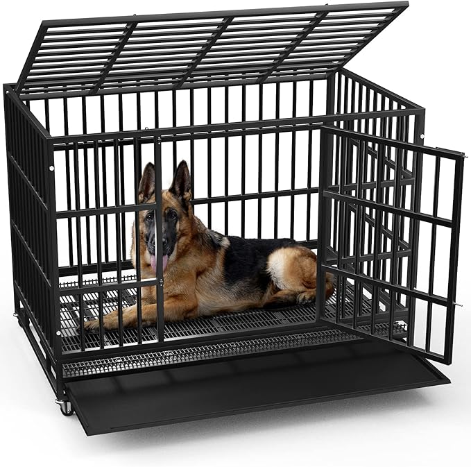 LEMBERI 48/42/38 Inch Heavy Duty Indestructible Dog Crate, Escape Proof Double Door Dog Kennel with Lockable Wheels, High Anxiety Extra Large Dog Cage Indoor Use, with Removable Tray