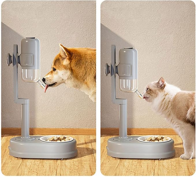 Pet Standing Water Dispenser Feeder Bowl, Dog Automatic Food Dispenser with Water Bottle Combined Bowl, Double Layer Pet Drinking Water Feeder for Both Cats and Dogs (Grey)
