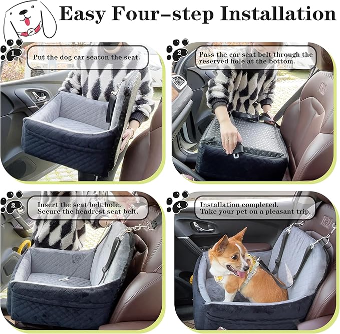 Car Dog Seat,Pet Booster Carseats for Dogs up to 25lbs,Safe and Comfy Puppy Travel Car Bed with Storage Pockets and 2 Safety Belt,Ultra Soft Fabric, Easy to Install,Fully Removable Washable.