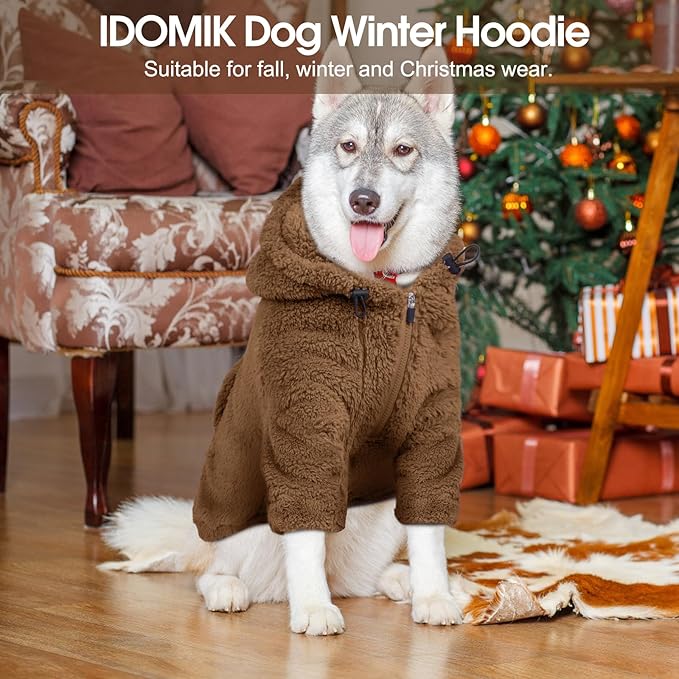 IDOMIK Fuzzy Dog Sweater with Adjustable Hood, Warm Fleece Dog Sweater Hoodie with Harness Hole & Pocket, Pullover Sweaters for Large Dogs, Fuzzy Hooded Sweatshirt for Fall Winter Christmas,Brown,2XL