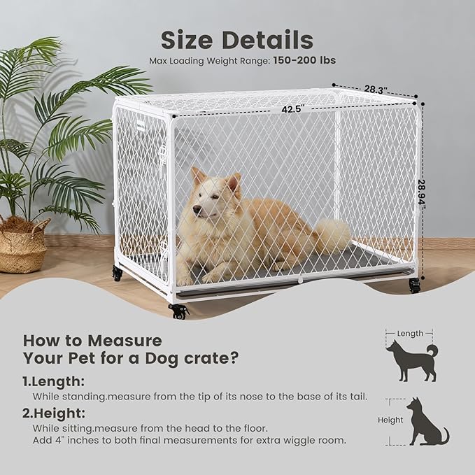 Gardner Pet 42 Inch Collapsible Diamond Mesh Dog Kennel, No Assembly Metal Dog Crate with 4 Lockable Wheels,Removable Tray,Portable Dog cage for Medium/Large Dogs(150-200 lbs) Indoor Outdoor Use