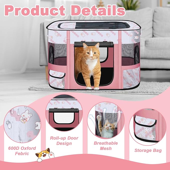 Foldable Dog Playpen Indoor,Expandable Puppy Playpen,Portable Pet Playpen for Small Animals,Waterproof Exercise Kennel Tent Crate for Travel,Camping, Home & Outdoor Use (M 31"L x 22"W x 21"H, Pink)