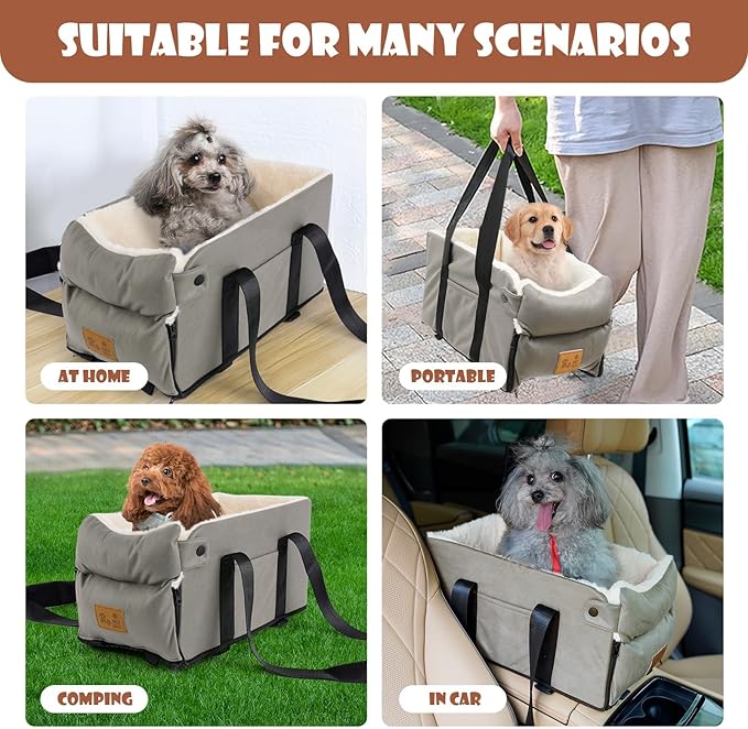 Dog Car Seat for Small Dogs Cats, Pet Travel Car Seat, Middle Console Dog Booster Box, Detachable Washable Center Console Pet Siting Armrest Booster for Puppy Cats Pets Up to 13.5lbs
