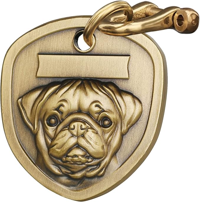 Vintage Pure Copper Pet ID Tags,Personalized Dog Tags,Three-Dimensional Relief Pet Pattern,Lettering on The Front and Back,Custom Pet Tags (A23-Pug)