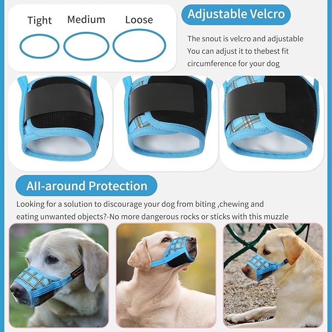 HEELE Dog Muzzle,Soft Nylon Muzzle Anti Biting Barking Chewing,Air Mesh Breathable Drinkable Adjustable Loop Pets Muzzle for Small Medium Large Dogs 4 Colors 4 Sizes (P-Blue Plaid, XL)