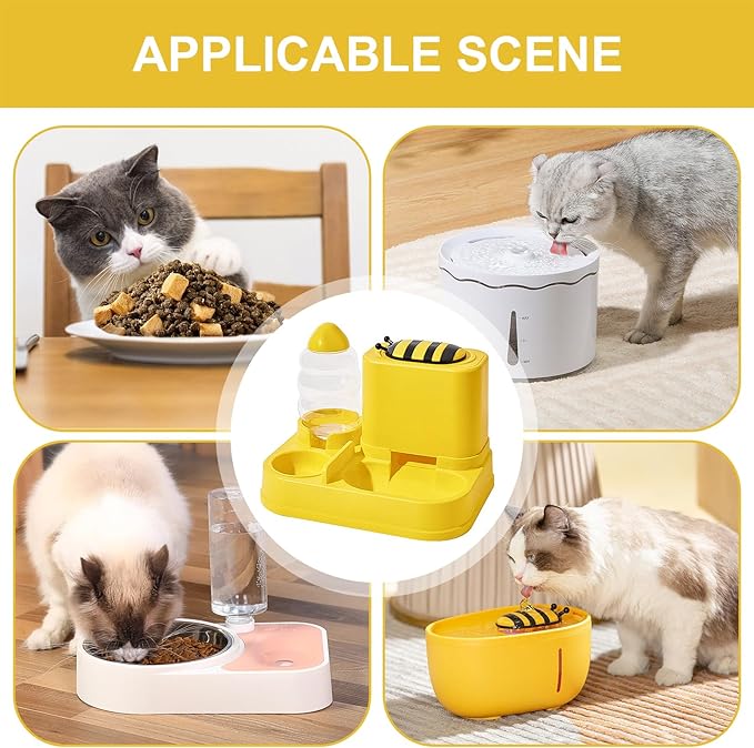 Mangeoirs Et Abreuvoirs Pour Chats, 2 in 1 Bee/Cactus Pets Water and Food Bowl Set, Gamelle Chat, Large Capacity Automatic Cat Feeders Gravity Food Feeder and Waterer Set for Dogs Cats (Yellow)