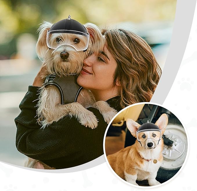 PETLESO Dog Helmet with Anti-UV Clear Goggles, Small Dog Motorcycle Helmet with Ear Holes, Drop-Down Biking Helmet, Adjustable Hat for Small Dogs Heads Protection with Rivets