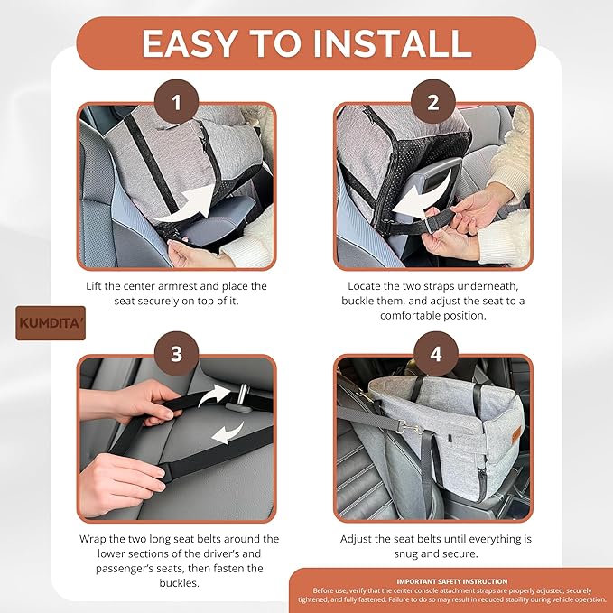 Kumdita' Center Console Car Seat & Carrier for Small Dogs & Cats with Dual Over-Seat Straps, Sewn-in Safety Leash & PE Board Base (Grey)