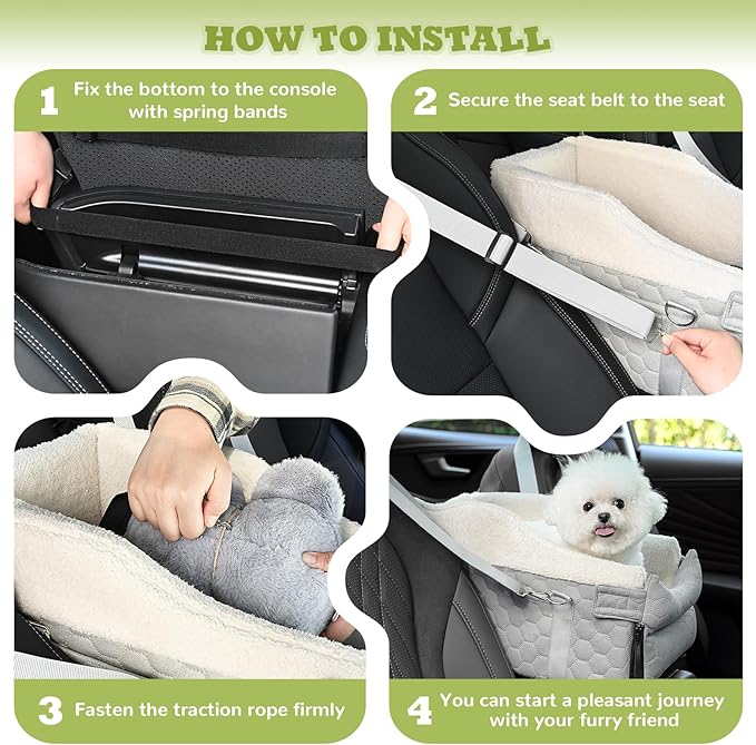 Center Console Dog Car Seat, Detachable Washable Dog Booster Seat, Adjustable Safety Belts and Built-in Leash Pet Carseat, Portable Puppy Travel Carrier with Cushion for Small Dogs Cats(Gray)
