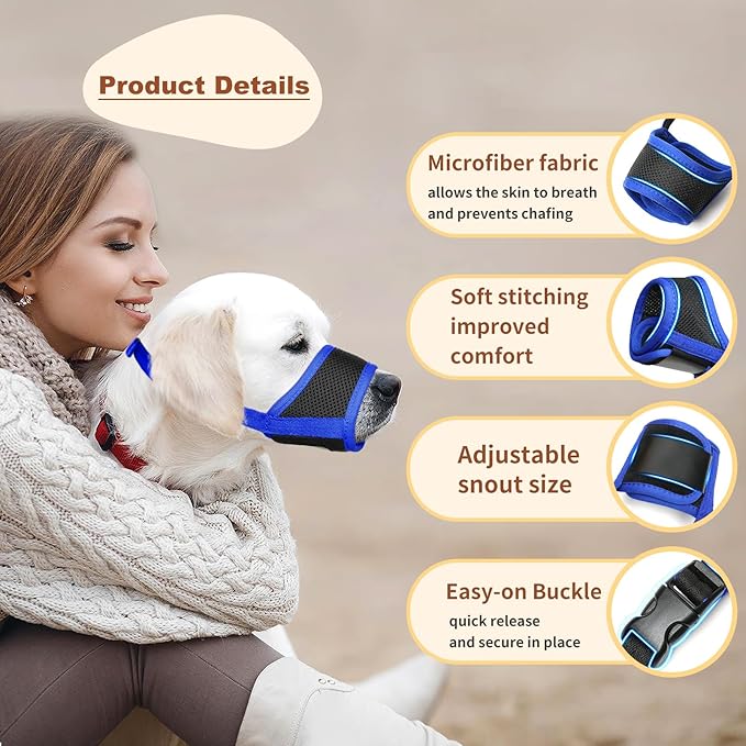 HEELE Dog Muzzle,Soft Nylon Muzzle Anti Biting Barking Chewing,Air Mesh Breathable Drinkable Adjustable Loop Pets Muzzle for Small Medium Large Dogs 4 Colors 4 Sizes (Blue, S)