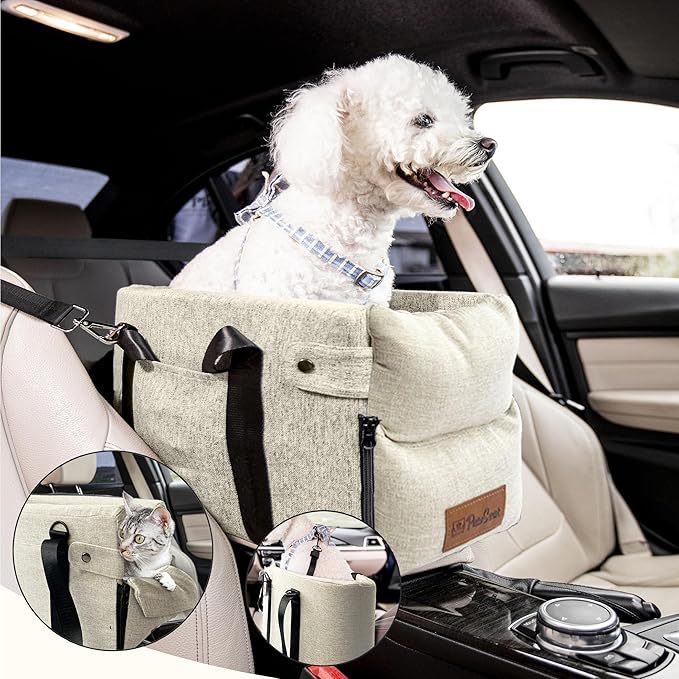 Center Console Dog Car Seat for Small Dogs and Puppies 5-13Lbs, Ideal Armrest Booster Car Travel Seat with Safety Protection Seat Belts, Storage Pockets - Reduces Anxiety