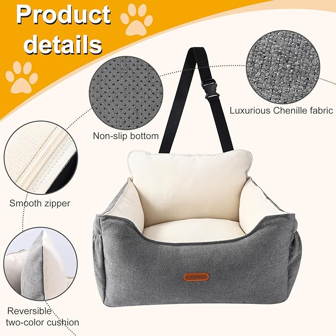 Dog Car Seat for Small Dogs Under 25Lbs, Portable Comfy Safe Puppy Car Seat Travel Bed with Storage Pockets, Fully Detachable Washable Dog Booster Carseats for Front & Back Seats, Gray