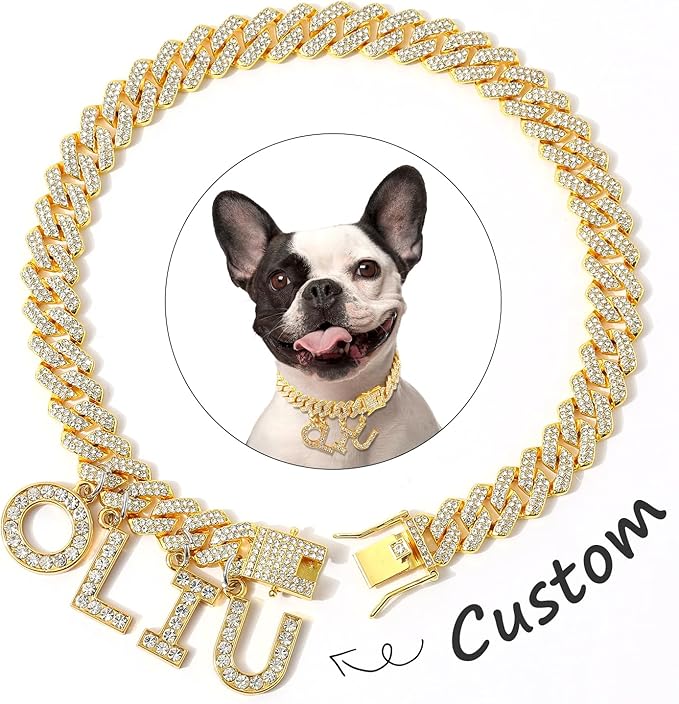 MUMUPET Custom Dog Collar Chain Golden Diamond Name Letters Cuban Style Collar Jewelry Secure Buckle Small Medium Dog Accessories