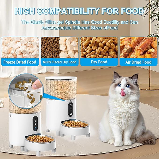 Single Hole Automatic Cat&Dog Feeder with Camera 780P HD Video with Night Vision 5G WiFi Pet Feeder with 2-Way Audio Low Food & Blockage Sensor Motion & Sound Alerts for Cat & Dog Single Tray White
