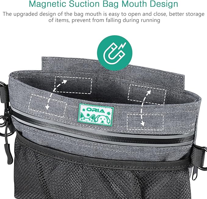 ORIA Dog Treat Training Pouch, Pet Out Training Belt Bag, Dog Food Bag with Removable Inner Pocket, Built-in Poop Bag Dispenser, Dog Training Bag, Gray