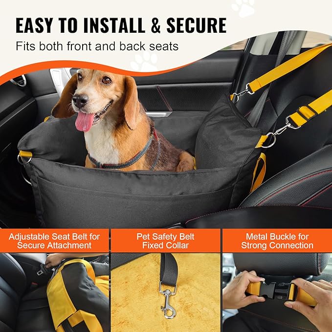 Happybuy Dog Car Seat, Waterproof Dog Booster Seat for Car with Side Handles and A Storage Pocket, Clip-On Safety Leash and PP Cotton Filling, Dog Car Bed for Small Dog up to 25lbs, Black