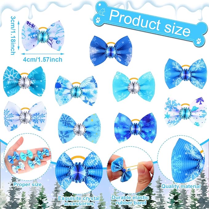 Tondiamo 100 Pack Winter Snowflake Dog Hair Bows with Rubber Bands White Blue Rhinestone Puppy Bows Winter Pet Dog Hair Grooming Accessories for Small Girl Dogs (Snowflake Pattern)