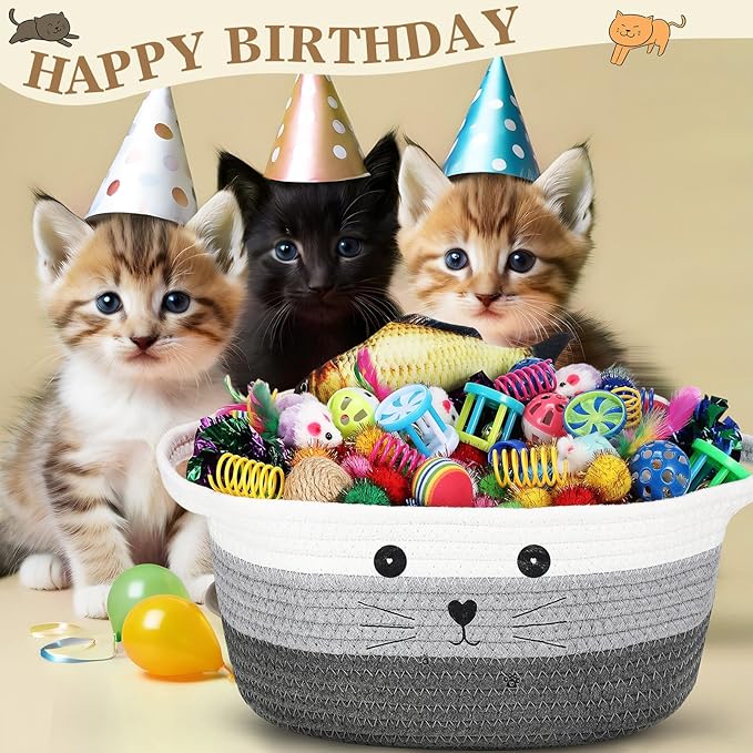Zopeal 58 Pcs Cat Storage Basket Gift Toys Set, Colorful Flashing Balls Pet Bell Crinkle Balls Spring Toys Attract Cat to Swat, Hunt, Interactive for Pet(Multicolor,12 Inch)