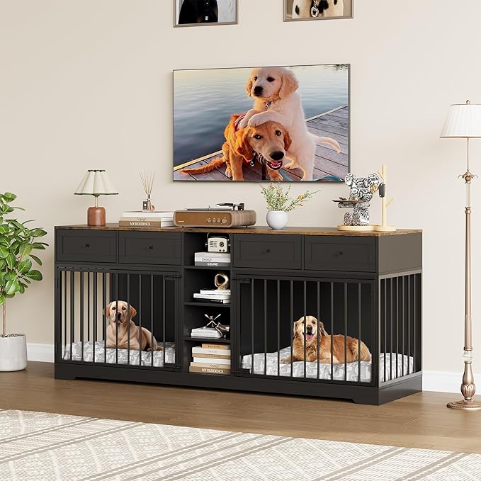 GarveeHome 82" Double Dog Crate Furniture, Large Dog Kennel Indoor for 2 Dogs, Heavy Duty Wooden Dog Crate TV Stand with 4 Drawers and Shelves, Black