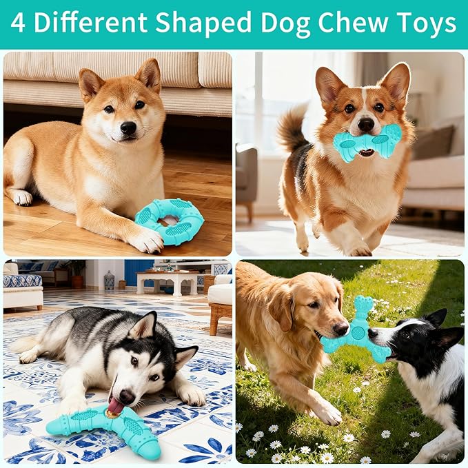 Dog Toys 4 Pack for Aggressive Chewers, Multifunctional Teeth Cleaning and Gum Massage for Puppy, Chew Toys with Natural Rubber for Small and Medium Dog(Blue)