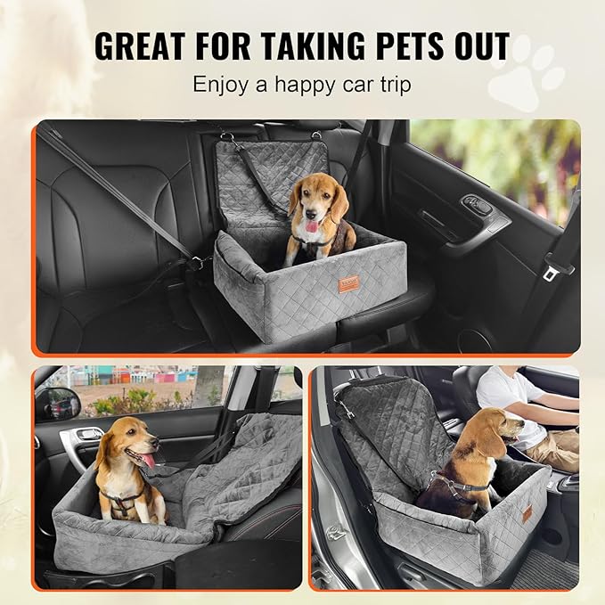 VEVOR Dog Car Seat, Dog Booster Seat for Car with a Storage Pocket, Clip-On Safety Leash, Sponge and PP Cotton Filling, Vehicle Bed for Small & Medium Dogs up to 40lbs,Gray
