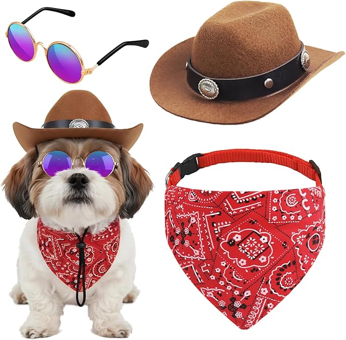 Pet Cowboy Hats Dog Cat Halloween Costumes Cute West Cowboy Hat Bandana Festival Cosplay Accessories (Brown+Red - Medium)