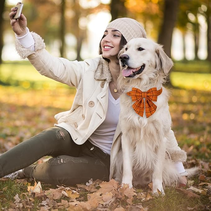 Maca Bates Fall Pumpkin Plaid Dog Collar with Sailor Bow Tie for Extra Large Girl,Boy,Autumn Checkered Puppy Collars with Bowtie,Halloween Gingham Print Adjustable Breakaway Soft for Male Female Dogs