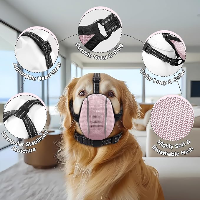 Dog Muzzle - Soft Breathable Mesh Nylon Adjustable Muzzle for Small Medium Large Dogs Prevents Chewing,Biting & Scavenging | Allows Panting, Drinking & Grooming | Secure Collar Strap Design(Pink XXL)