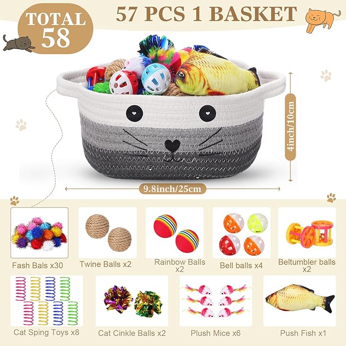 Zopeal 58 Pcs Cat Storage Basket Gift Toys Set, Colorful Flashing Balls Pet Bell Crinkle Balls Spring Toys Attract Cat to Swat, Hunt, Interactive for Pet(Multicolor,9.8 Inch)