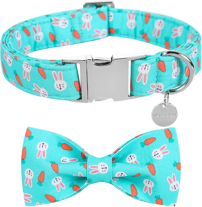 Easter Dog Collar with Bow Tie, Cotton Easter Bowtie Collar for Puppy Girl Boy Dog or Cat, Cute Carrot Pet Collar with Metal Buckle, Easter Gift Rabbit Dog Collar, XS