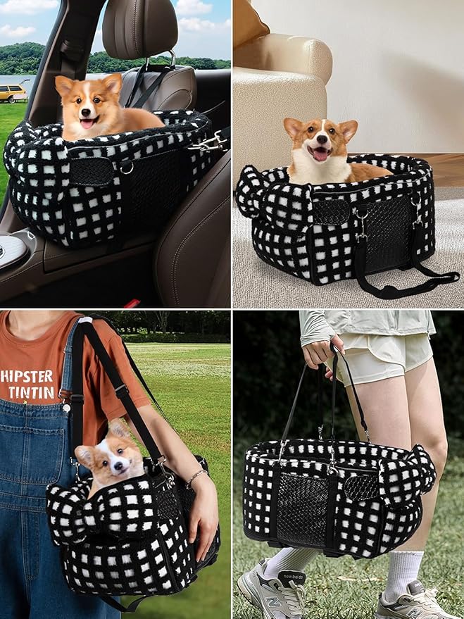 Portable Dog & Cat Car Seat - Under 13 lbs, With Cozy Bow Neck Pillow (Grid-Black)