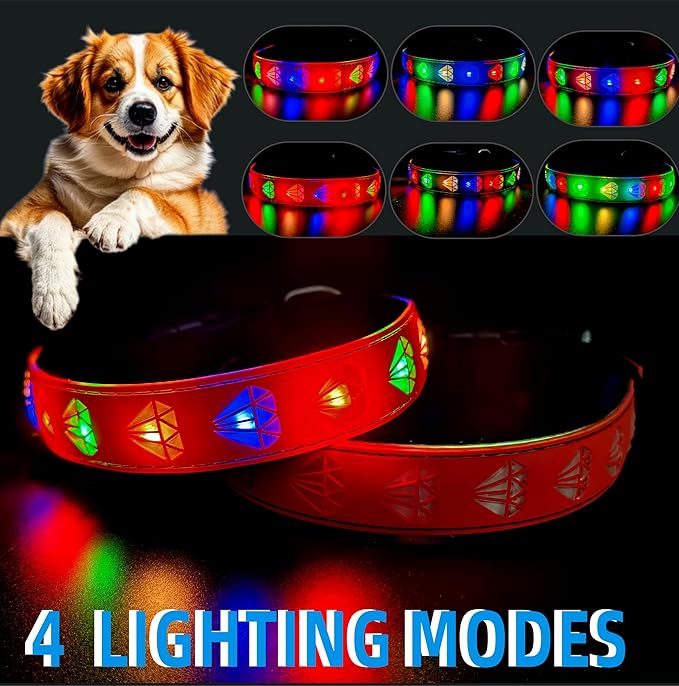 LED Dog Collar with Diamond Pattern, 15 Light Modes, with Bonus Pet ID Tag and Bell (RED Pro, XL(19.7-23.6"))