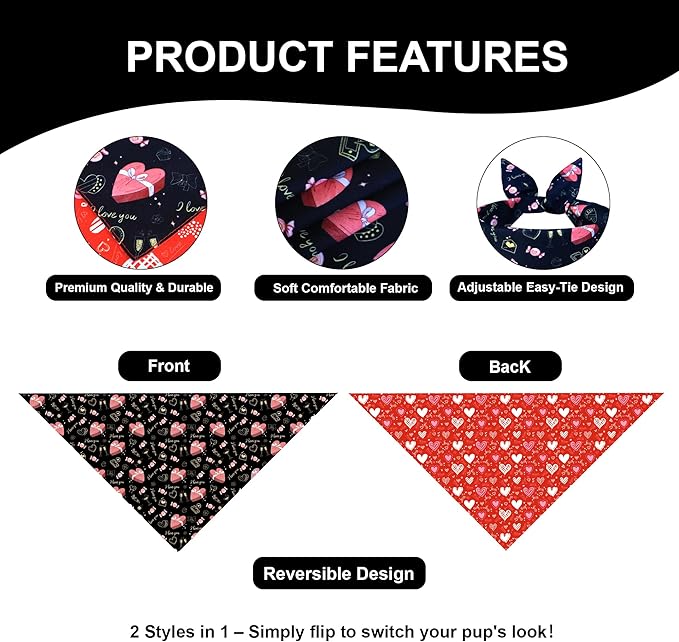 Valentine’s Day Dog Bandana for Medium to Large Dogs - Reversible Black Red Hearts Candy Print Scarf, Cute Pet Accessory for Valentine Gift