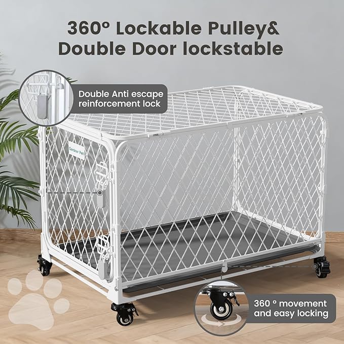 Gardner Pet 30 Inch Collapsible Diamond Mesh Dog Kennel, No Assembly Metal Dog Crate with 4 Lockable Wheels,Removable Tray,Portable Dog cage for Small/Medium Dogs(50-70 lbs) Indoor Outdoor Use