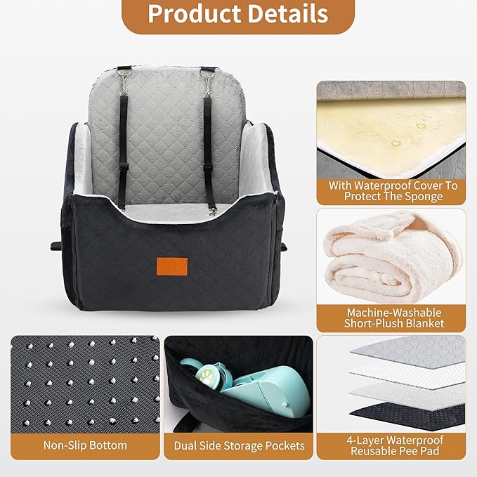 XEEP Dog Car Seat Bed for Small/Medium Dogs – 2 in 1 Car Seat for Dogs Up to 35 lbs -Use Travel Booster Seat with Memory Foam, Safety Belt, Bonus Urine Pad & Blanket, Removable Washable Cover, Grey