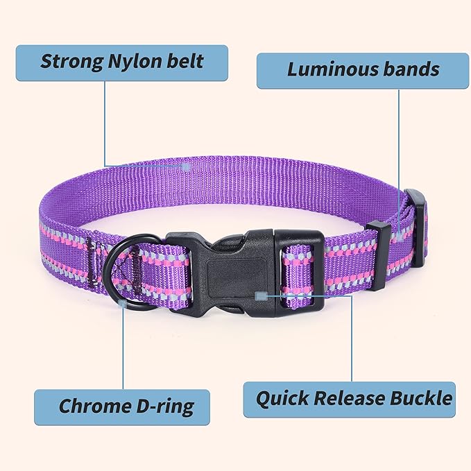 Mile High Life Reflective Dog Collar, Basic Dog Collars Adjustable Quick Release, Soft Nylon Pet Collar with Metal D-Ring for Small Medium Large Dogs (Purple, L Neck15-19")