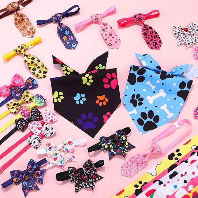 Reginary 120 Pcs Paw Bone Print Dog Bandanas Bulk Dog Bows Set Bow Ties Cat Scarf Colorful Washable Triangle Pet Kerchief Cute Bib for Summer Small Medium Large Pets Grooming Accessories Costume