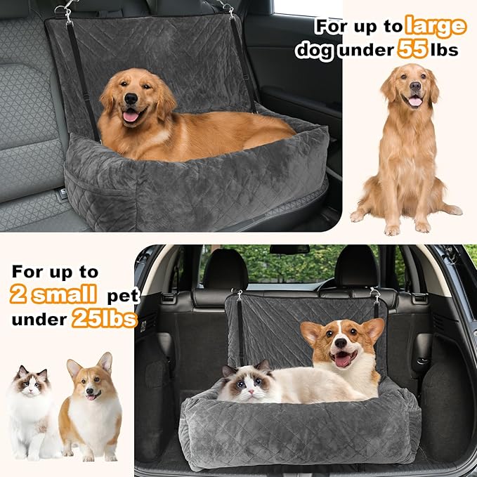 Dog Car Seat for Large Dogs - Car Seat 2 Small Dogs Pet Travel Car Seat Dog Bed Fully Detachable and Washable with Thicken Waterproof Cushion, Adjustable Seat Belt Pet Car Seat with Storage Pockets