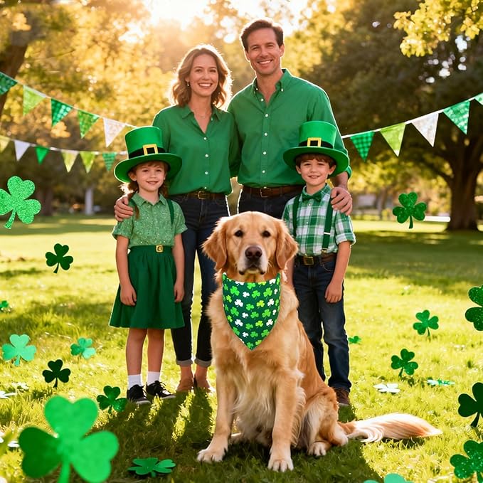 St. Patrick’s Day Dog Bandana for Medium Large Dogs - Reversible Lucky Green Shamrock Clover & Stripes Scarf, Cute Pet Accessory for Irish Gift