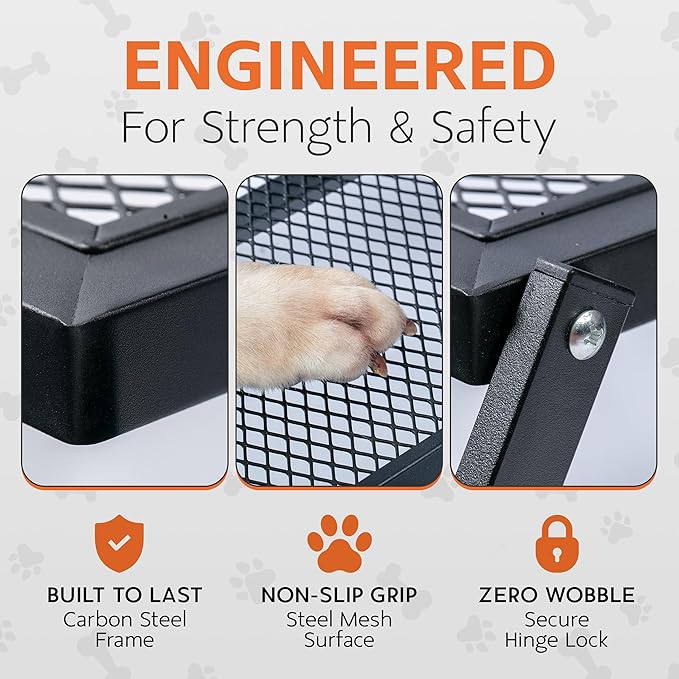 Foldable 4-Step Dog Stairs for Cars, Trucks & SUVs – Heavy-Duty Carbon Steel Pet Ladder Supports 230LB, Non-Slip Metal Mesh, Joint-Friendly Portable Ramp for Large & Small Dogs