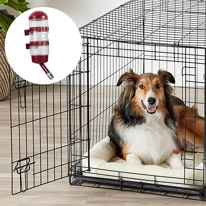 Kisangel Dog Water Bottle Dispenser Hanging Pet Feeder with Ball Valve Large Capacity Burgundy for Kennels Cats and Dogs Automatic Waterer for Crate Use
